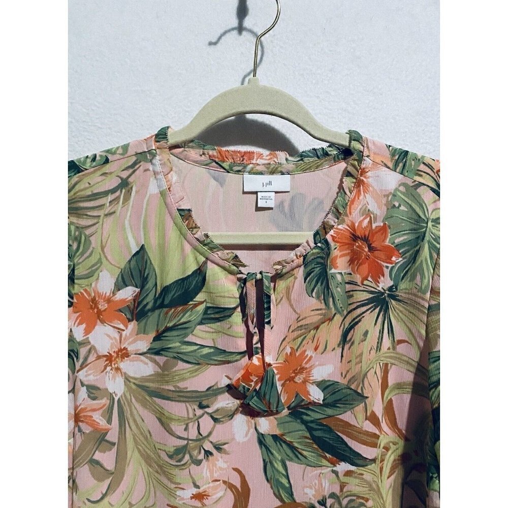 J Jill Top Womens Small Floral Ruffle 3/4 Sleeve Tunic Tassel Tie Neck Boho - Picture 2 of 8